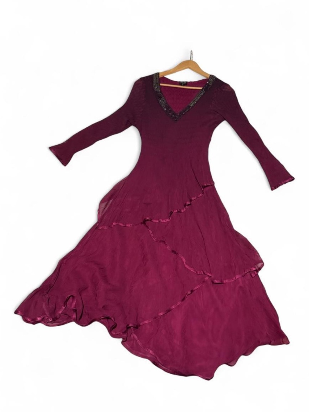 Komarov Burgundy Long Sleeve Tiered Maxi Dress with Beaded V-Neck